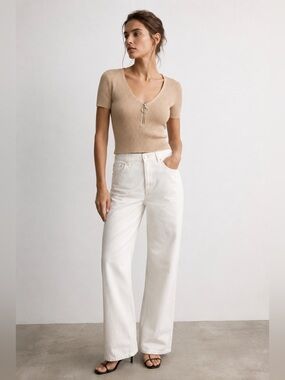 NWT HM Ribbed Short Sleeve Beige Sweater Knit Top S